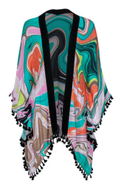 Current Boutique-Trina Turk - Multicolored Marbled Print Scarf Hem Kimono w/ Tassel Trim OS