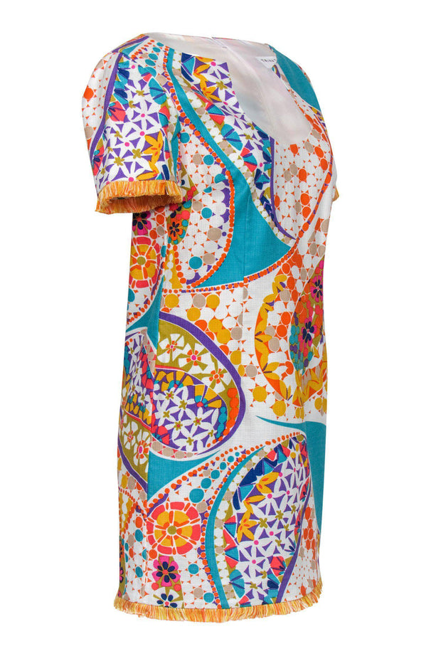 Current Boutique-Trina Turk - Multicolored Printed Short Sleeve Shift Dress w/ Fringe Trim Sz 6