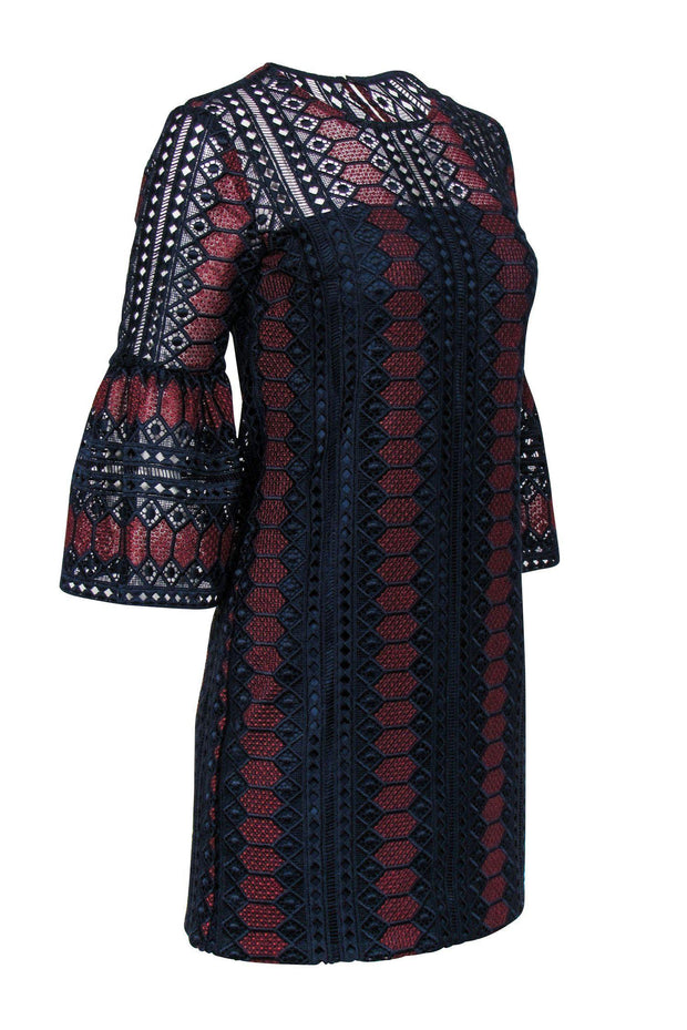 Current Boutique-Trina Turk - Navy & Burgundy Lace & Eyelet Bell Sleeve Shift Dress Sz 0