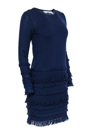 Current Boutique-Trina Turk - Navy Long Sleeved Midi Dress w/ Fringe Detailing Sz S