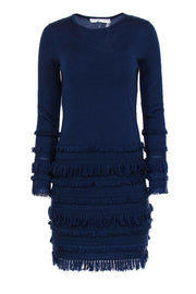 Current Boutique-Trina Turk - Navy Long Sleeved Midi Dress w/ Fringe Detailing Sz S