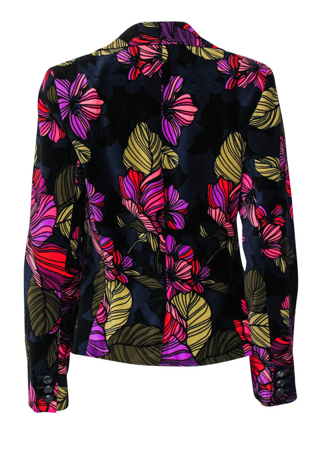 Current Boutique-Trina Turk - Navy & Multicolored Floral Print Velvet Buttoned Blazer Sz 6