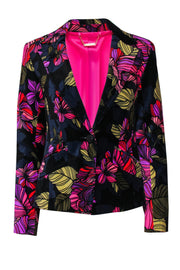 Current Boutique-Trina Turk - Navy & Multicolored Floral Print Velvet Buttoned Blazer Sz 6