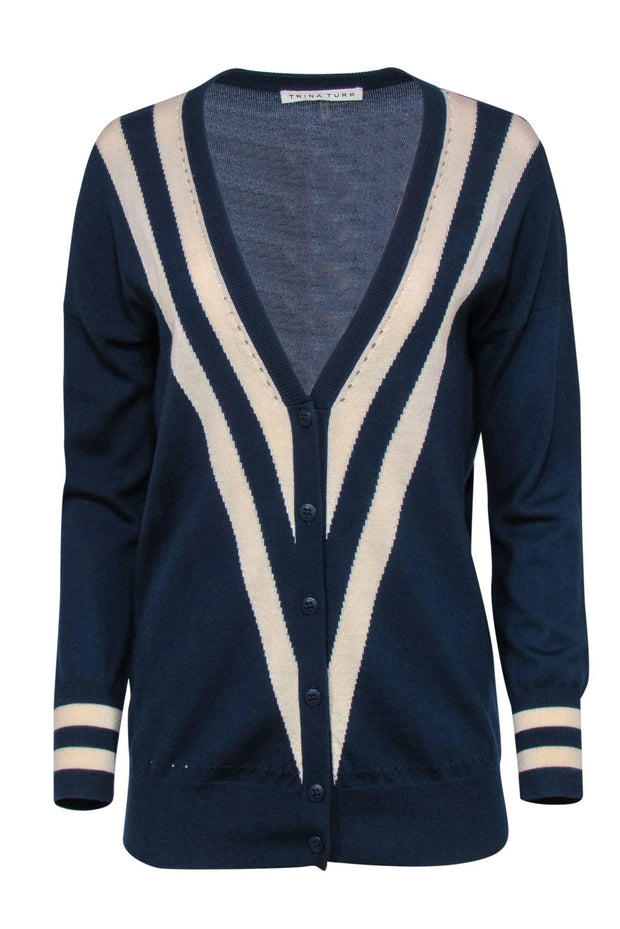 Current Boutique-Trina Turk - Navy & White Button-Up Merino Wool Cardigan w/ Striped & Eyelet Trim Sz S