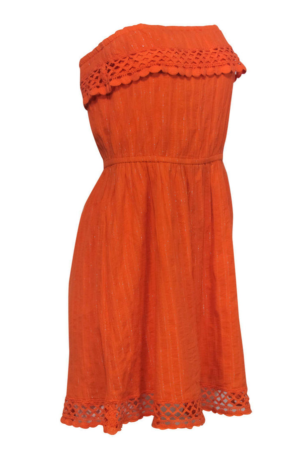 Current Boutique-Trina Turk - Orange Sparkly Strapless Mini Fit & Flare Dress w/ Crochet Trim Sz 2