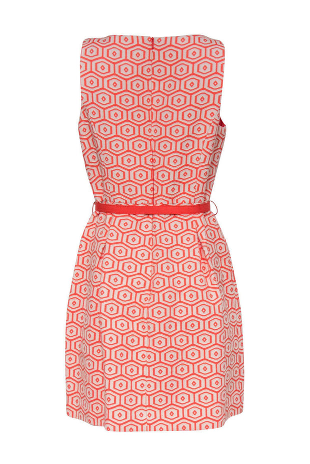 Current Boutique-Trina Turk - Orange & White Geometric Pattern Dress w/ Belt Sz 8