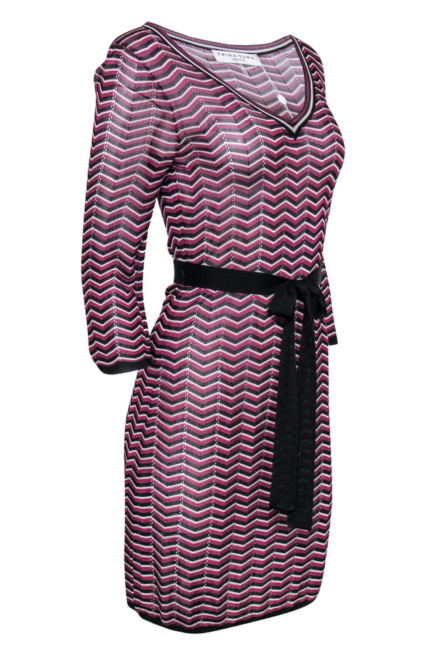 Current Boutique-Trina Turk - Purple, Black & White Chevron Knit Belted Shift Dress Sz M