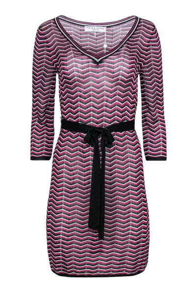 Current Boutique-Trina Turk - Purple, Black & White Chevron Knit Belted Shift Dress Sz M