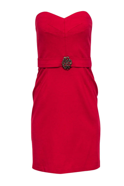 Current Boutique-Trina Turk - Red Strapless Sheath Dress w/ Jeweled Sash Sz S