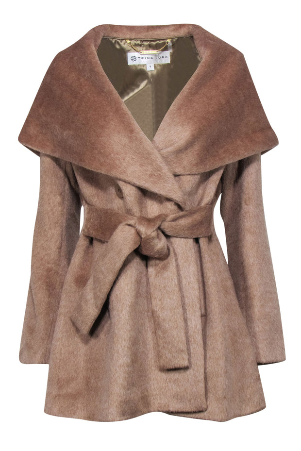 Current Boutique-Trina Turk - Tan Faux Fur Double Breasted Belted Trench Coat w/ Hood Sz 6