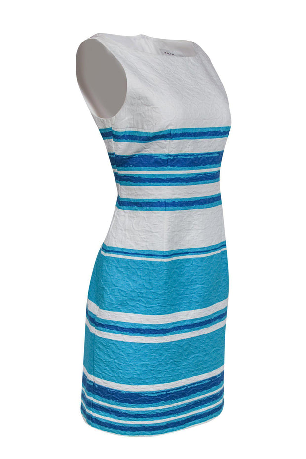 Current Boutique-Trina Turk - White, Blue & Teal Striped Textured Sheath Dress Sz 8