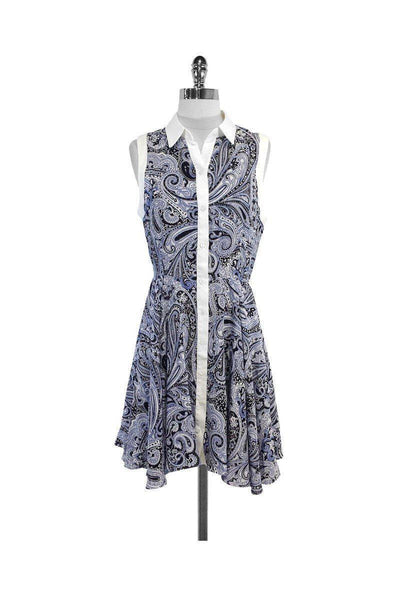Current Boutique-Trina Turk - White & Navy Paisley Silk Sleeveless Dress Sz 8