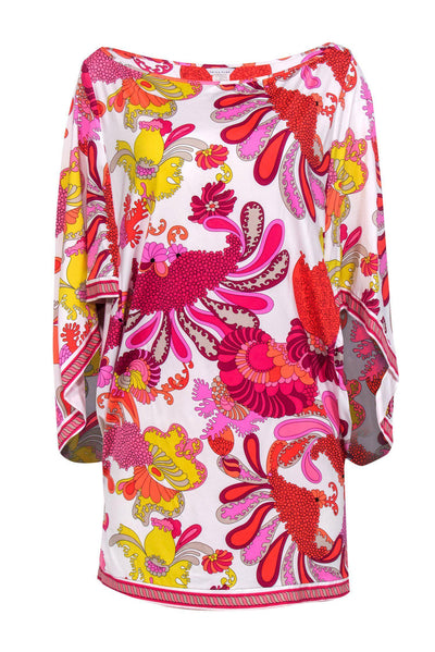 Current Boutique-Trina Turk - White, Pink & Yellow Paisley Kaftan-Style Mini Dress Sz L
