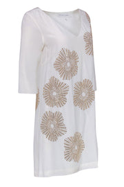 Current Boutique-Trina Turk - White Silk Chiffon Shift Dress w/ Gold Sunbursts Sz 4