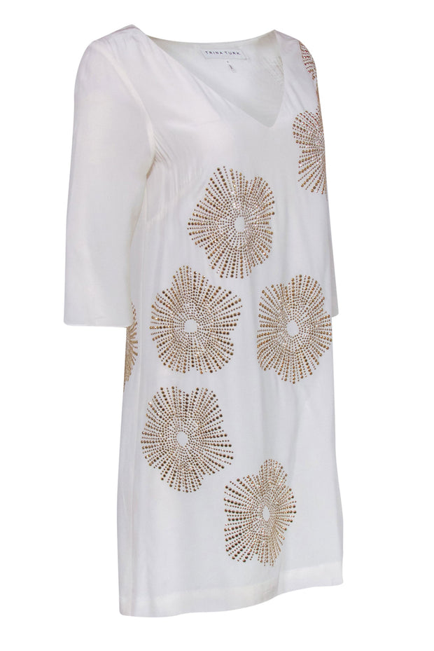 Trina Turk - White Silk Chiffon Shift Dress w/ Gold Sunbursts Sz 4 –  Current Boutique