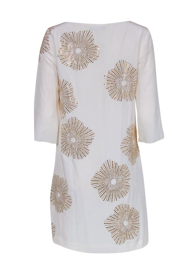 Current Boutique-Trina Turk - White Silk Chiffon Shift Dress w/ Gold Sunbursts Sz 4