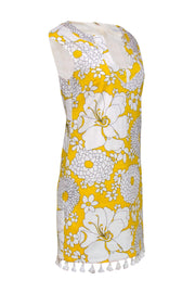 Current Boutique-Trina Turk - Yellow & White Floral Print Shift Dress w/ Tassel Trim Sz 4