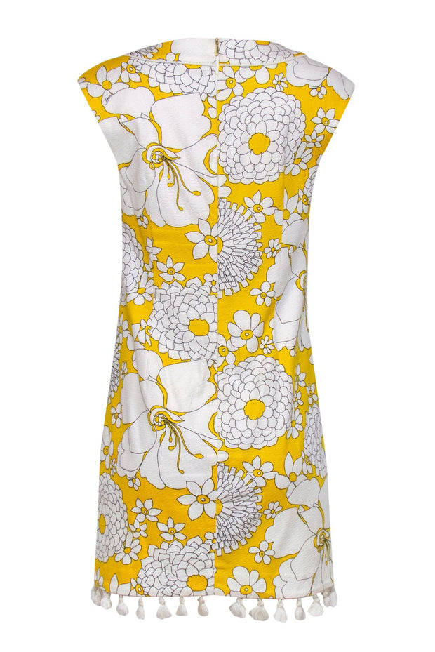 Current Boutique-Trina Turk - Yellow & White Floral Print Shift Dress w/ Tassel Trim Sz 4