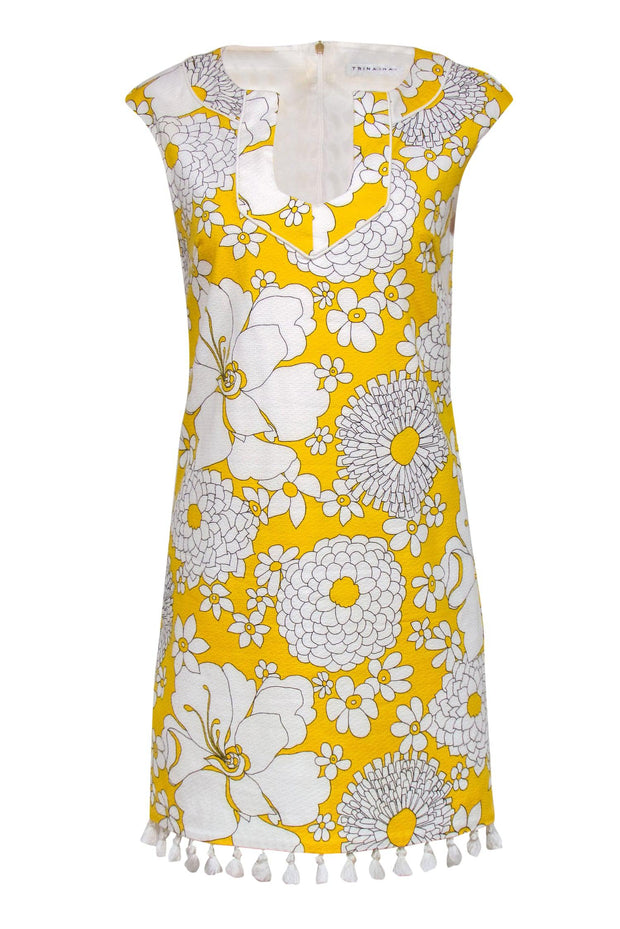 Current Boutique-Trina Turk - Yellow & White Floral Print Shift Dress w/ Tassel Trim Sz 4