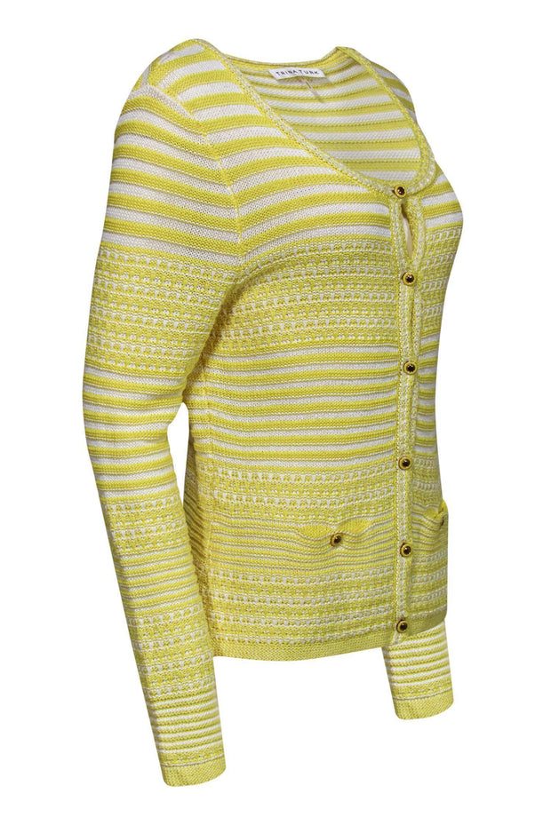 Current Boutique-Trina Turk - Yellow & White Striped Knitted Cardigan Sz L