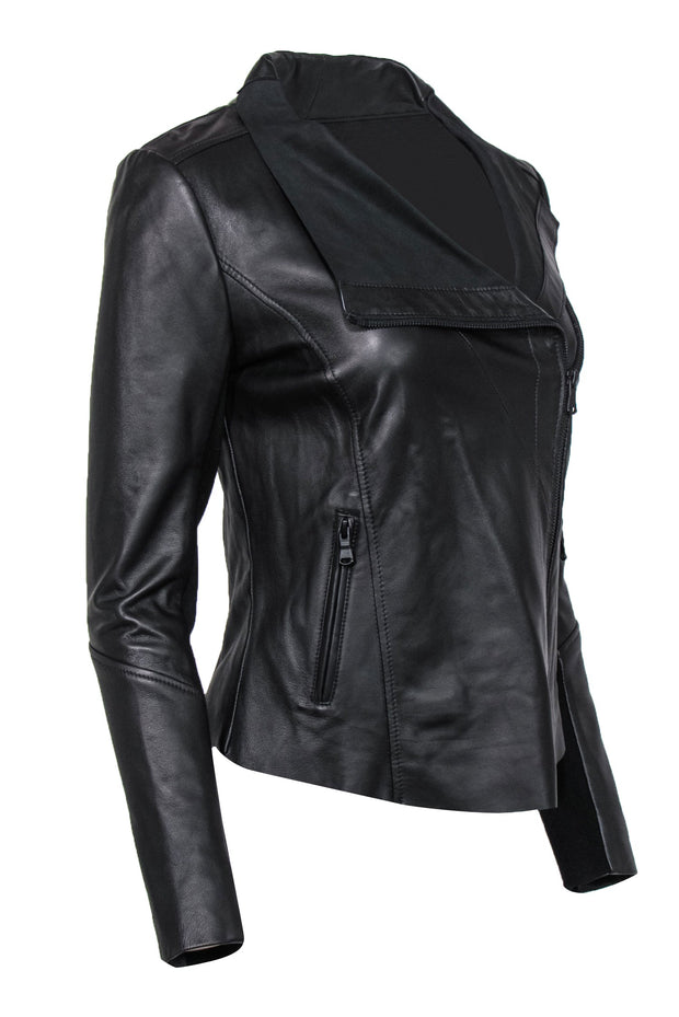 Current Boutique-Trouve - Black Leather Zip-Up Jacket w/ Ribbed Trim Sz XS
