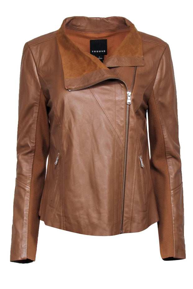 Current Boutique-Trouve - Tan Leather Draped Jacket w/ Zipper Back Sz M