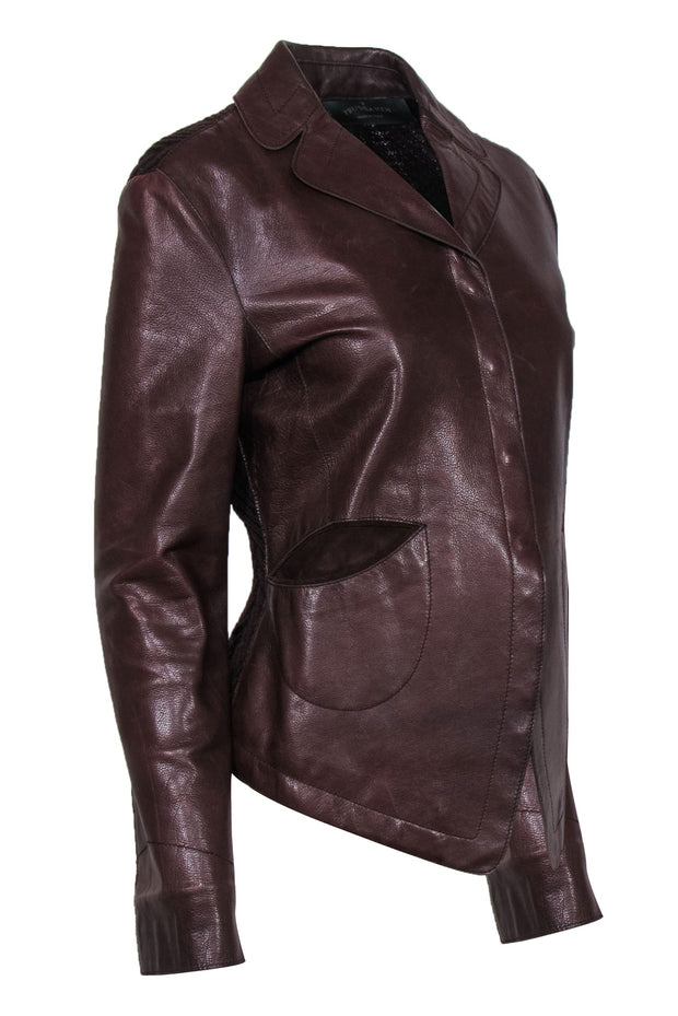 Current Boutique-Trussardi - Brown Snap-Up Leather Jacket w/ Knit Back Sz 12