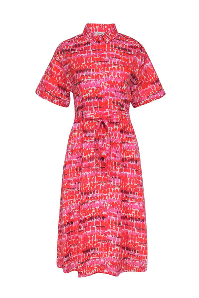 Current Boutique-Tucker - Button Down Red & Pink Abstract Pattern Shirt Dress Sz M