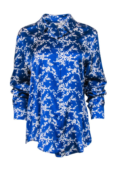 Current Boutique-Tucker - Cobalt Blue Floral Print Long Sleeve Silk Blouse Sz M
