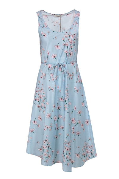 Current Boutique-Tucker - Light Blue, Pink & Green Floral Print Belted Silk & Cotton Slip Dress Sz L