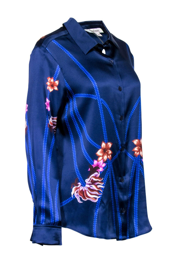 Current Boutique-Tucker - Royal Blue Floral Print Silk Blend Blouse Sz M