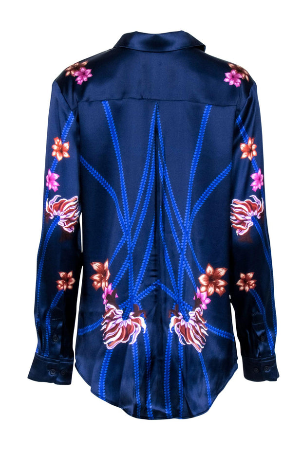 Current Boutique-Tucker - Royal Blue Floral Print Silk Blend Blouse Sz M