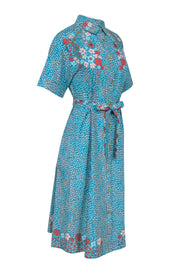 Current Boutique-Tucker - Teal & Orange Dotted Print w/ Floral Short sleeve Button Front Dress Sz M