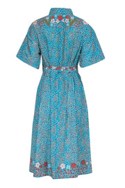 Current Boutique-Tucker - Teal & Orange Dotted Print w/ Floral Short sleeve Button Front Dress Sz M