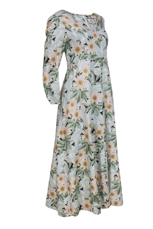 Current Boutique-Tuckernuck - Green & Cream Linen & Cotton Daisy Print Maxi Dress Sz L
