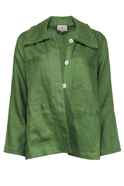 Current Boutique-Tuckernuck - Green Open Front Jacket w/ Decorative Buttons & Frayed Trim Sz S
