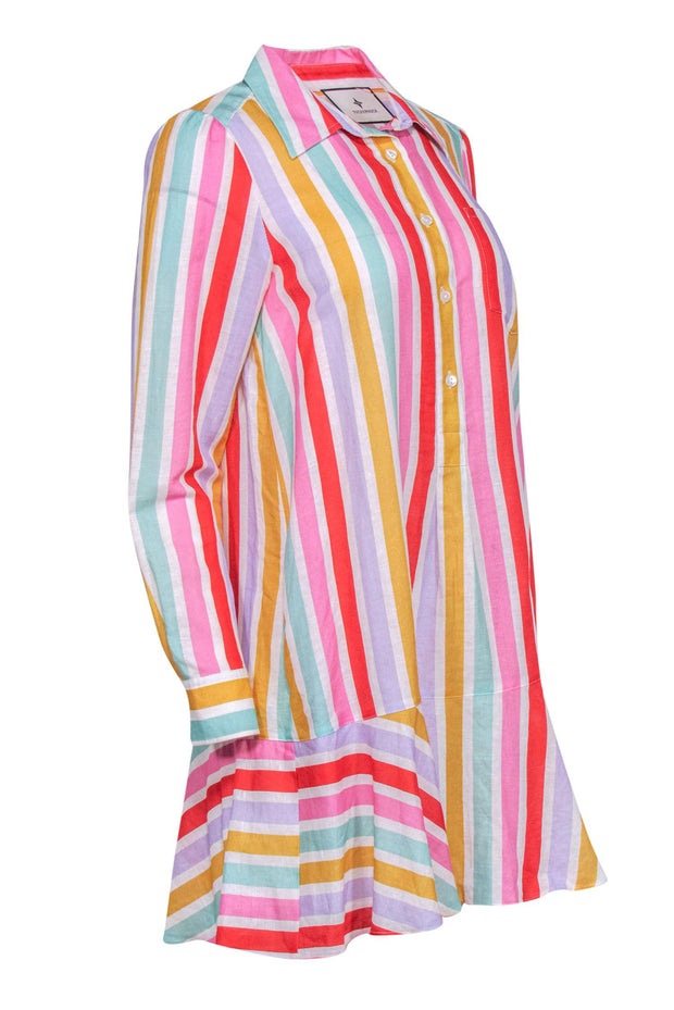 Current Boutique-Tuckernuck - Red, Pink, Green, & Yellow Stripe Linen Blend Shirtdress w/ Flutter Hem Sz S