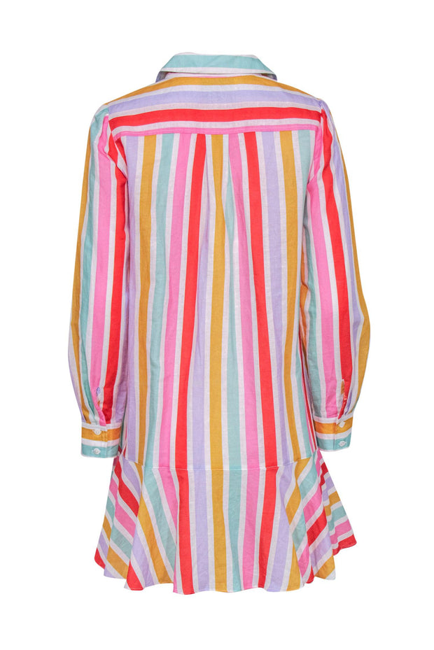 Current Boutique-Tuckernuck - Red, Pink, Green, & Yellow Stripe Linen Blend Shirtdress w/ Flutter Hem Sz S