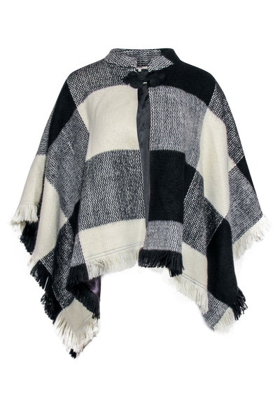 Current Boutique-Tularosa - Fringed Black & White Checkered Print Poncho Sz S
