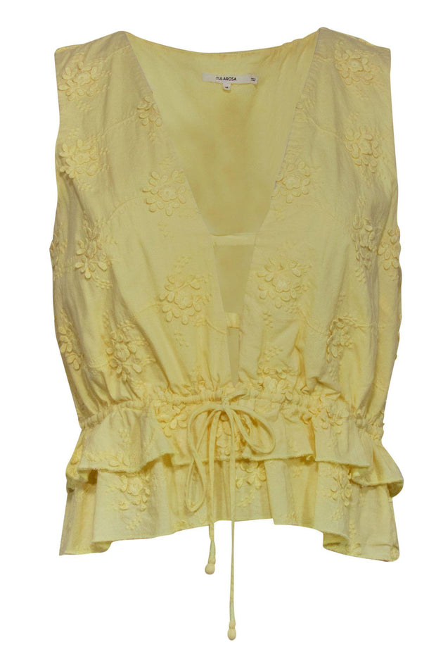 Current Boutique-Tularosa - Light Yellow Floral Embroidered V-Neck Top Sz M