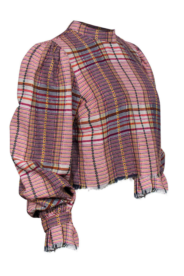 Current Boutique-Tularosa - Pink & Multicolor Plaid Long Sleeve Blouse w/ Distressed Trim Sz M