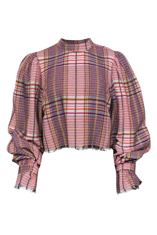 Current Boutique-Tularosa - Pink & Multicolor Plaid Long Sleeve Blouse w/ Distressed Trim Sz M