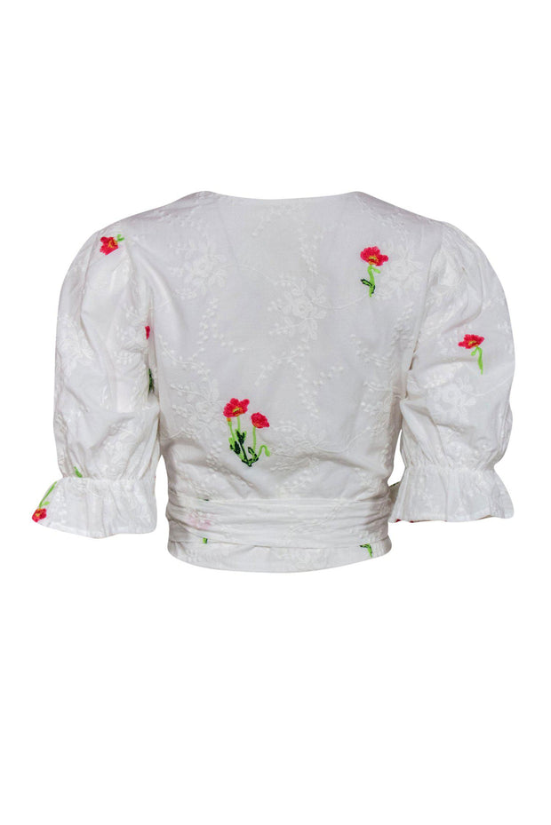 Current Boutique-Tularosa - White Floral Embroidered Puff Sleeve Cropped Wrap Blouse Sz M