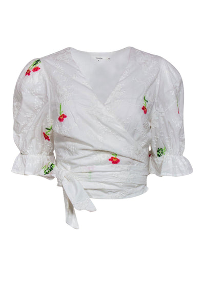 Current Boutique-Tularosa - White Floral Embroidered Puff Sleeve Cropped Wrap Blouse Sz M