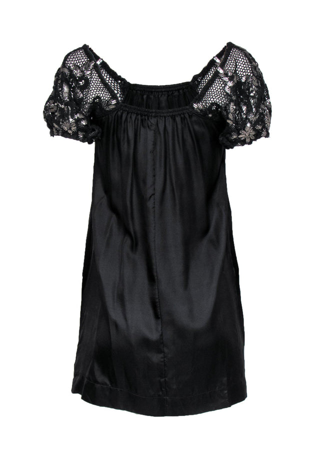 Current Boutique-Twelfth Street by Cynthia Vincent - Black Silk Babydoll Dress w/ Puffed Lace Sleeves Sz P