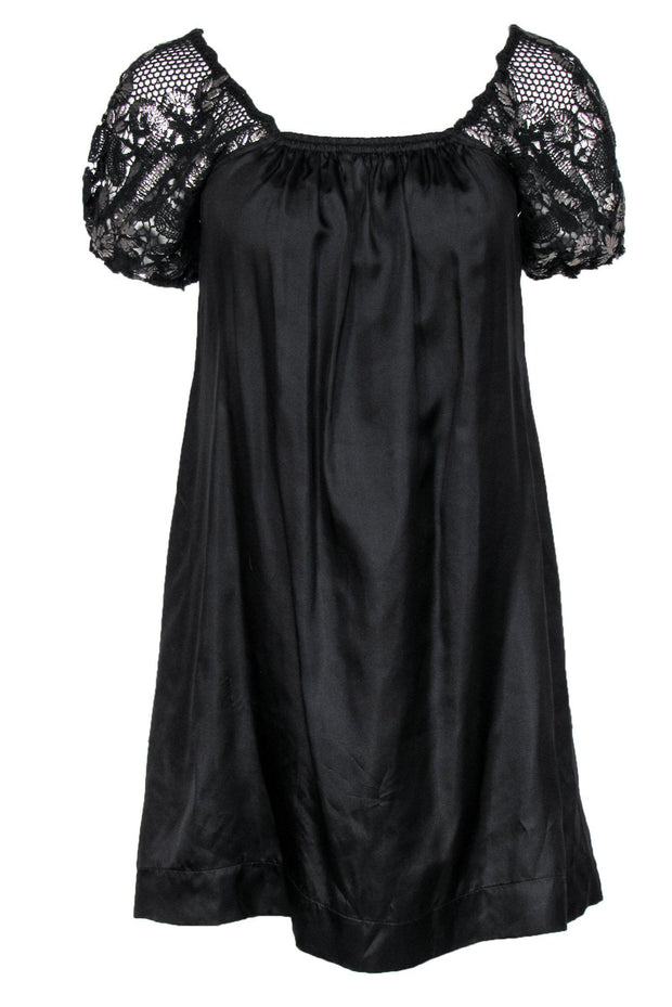 Current Boutique-Twelfth Street by Cynthia Vincent - Black Silk Babydoll Dress w/ Puffed Lace Sleeves Sz P