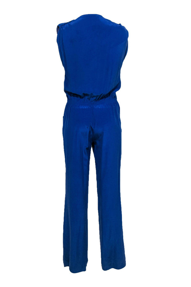 Current Boutique-Twelfth Street by Cynthia Vincent - Blue Short Sleeve V-Neck Silk Wide Leg Jumpsuit Sz S