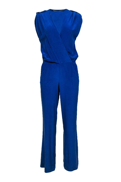 Current Boutique-Twelfth Street by Cynthia Vincent - Blue Short Sleeve V-Neck Silk Wide Leg Jumpsuit Sz S