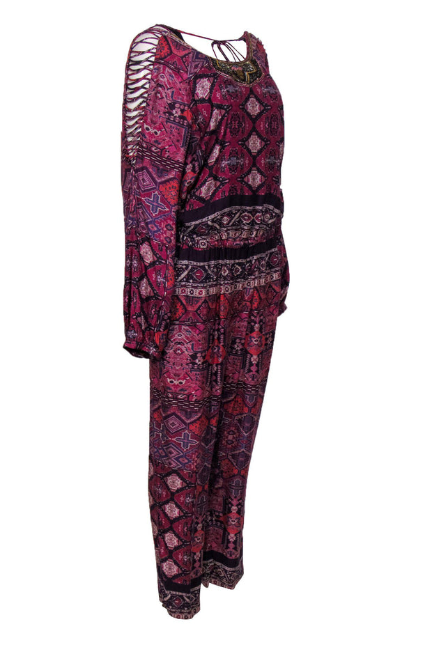 Current Boutique-Twelfth Street by Cynthia Vincent - Purple Bohemian Print Jumpsuit w/ Beaded Neckline Sz L