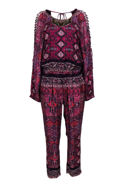 Current Boutique-Twelfth Street by Cynthia Vincent - Purple Bohemian Print Jumpsuit w/ Beaded Neckline Sz L